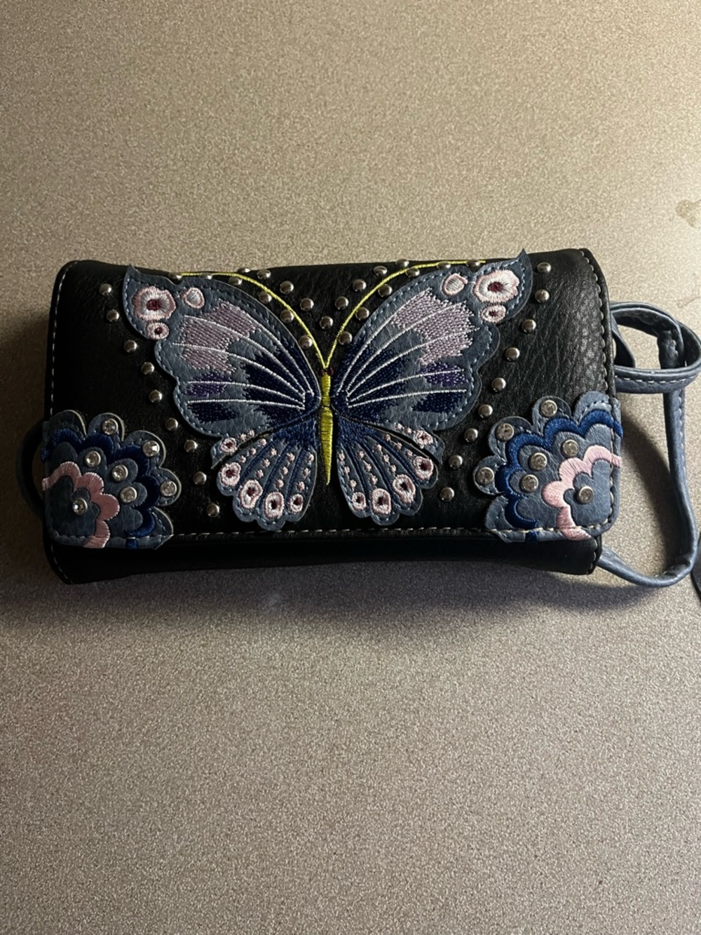 Butterfly Embroidered Black Wristlet Wallet - Unbranded